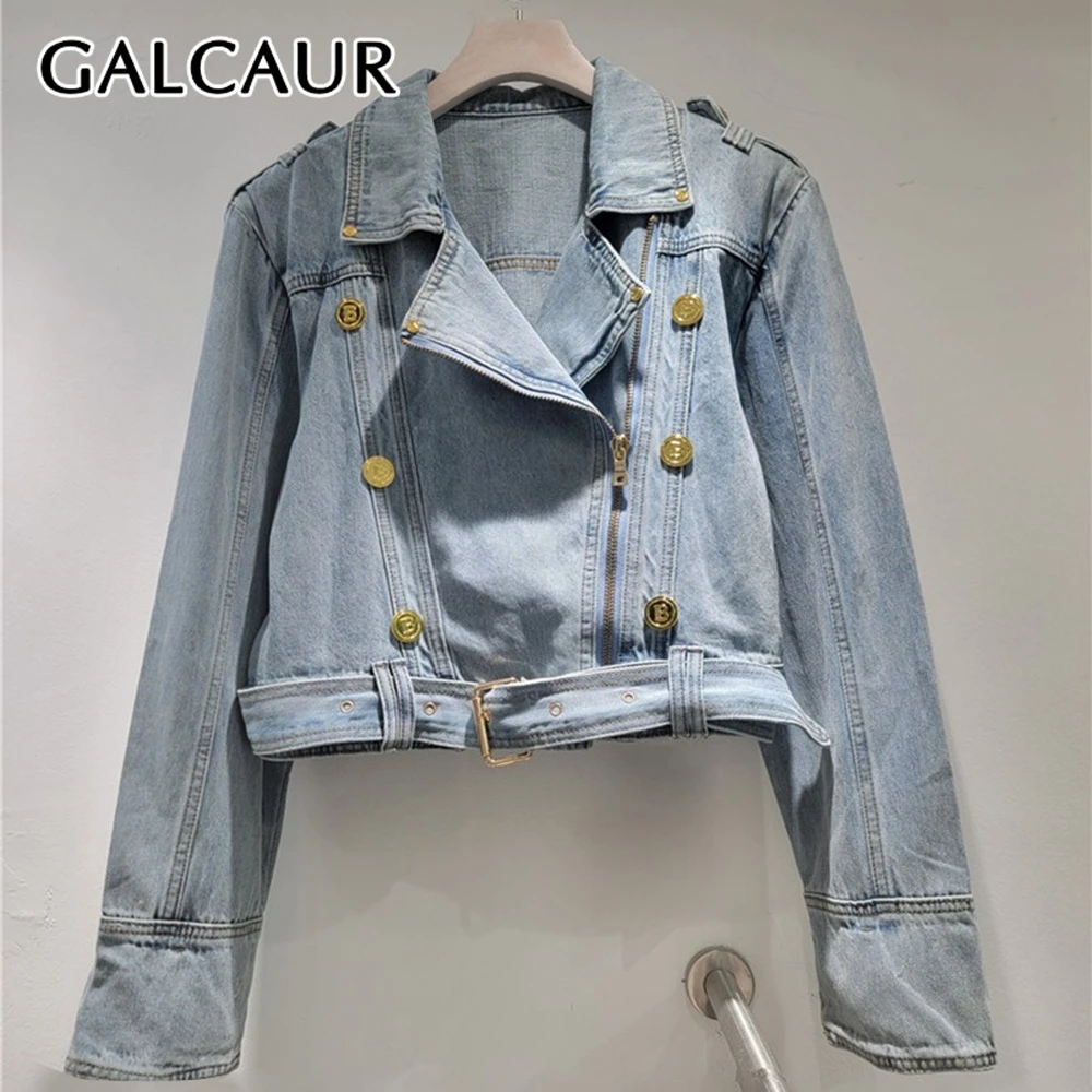 GALCAUR Solid Slimming Spliced Double Buttons Jackets for Women Lapel Long Sleeves Patchwork Belt Fashion Coat Female New Style
