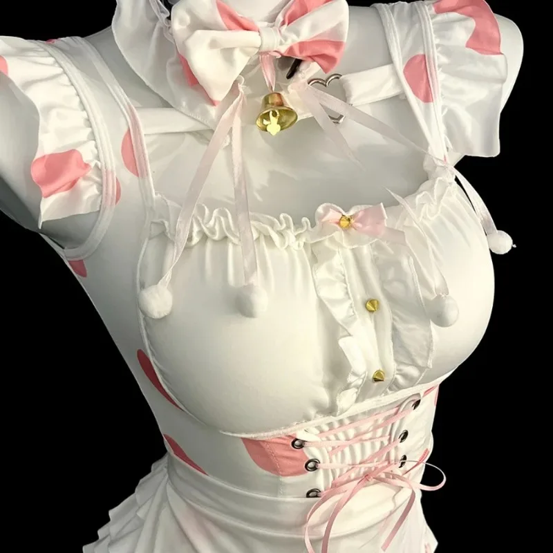 Disfraz de Cosplay de sirvienta de Anime Lolita, lencería Sexy, juego de rol de vaca Bunnygirl, vestido de fiesta Kawaii de doble capa, conjunto de banda para pierna