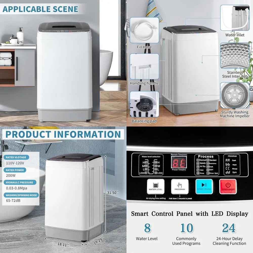 

Портативная стиральная машина с верхней загрузкой, 17,6 фунтов, с дренажным насосом, 10 программ стирки, 8 уровней воды, стирально-сушильная машина 2-в-1 для квартир, автодомов, кемперов