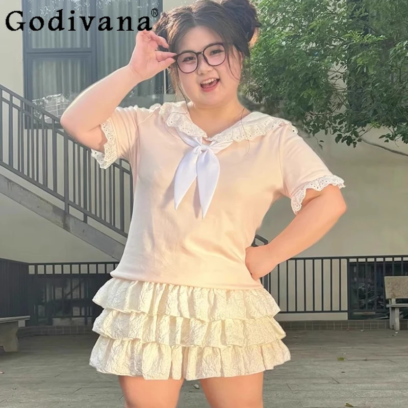 

Elegant Navy Collar Korean Short Sleeve College Style T-Shirt Women's Summer New Sweet Lace Loose Versatile Age Reduction Top