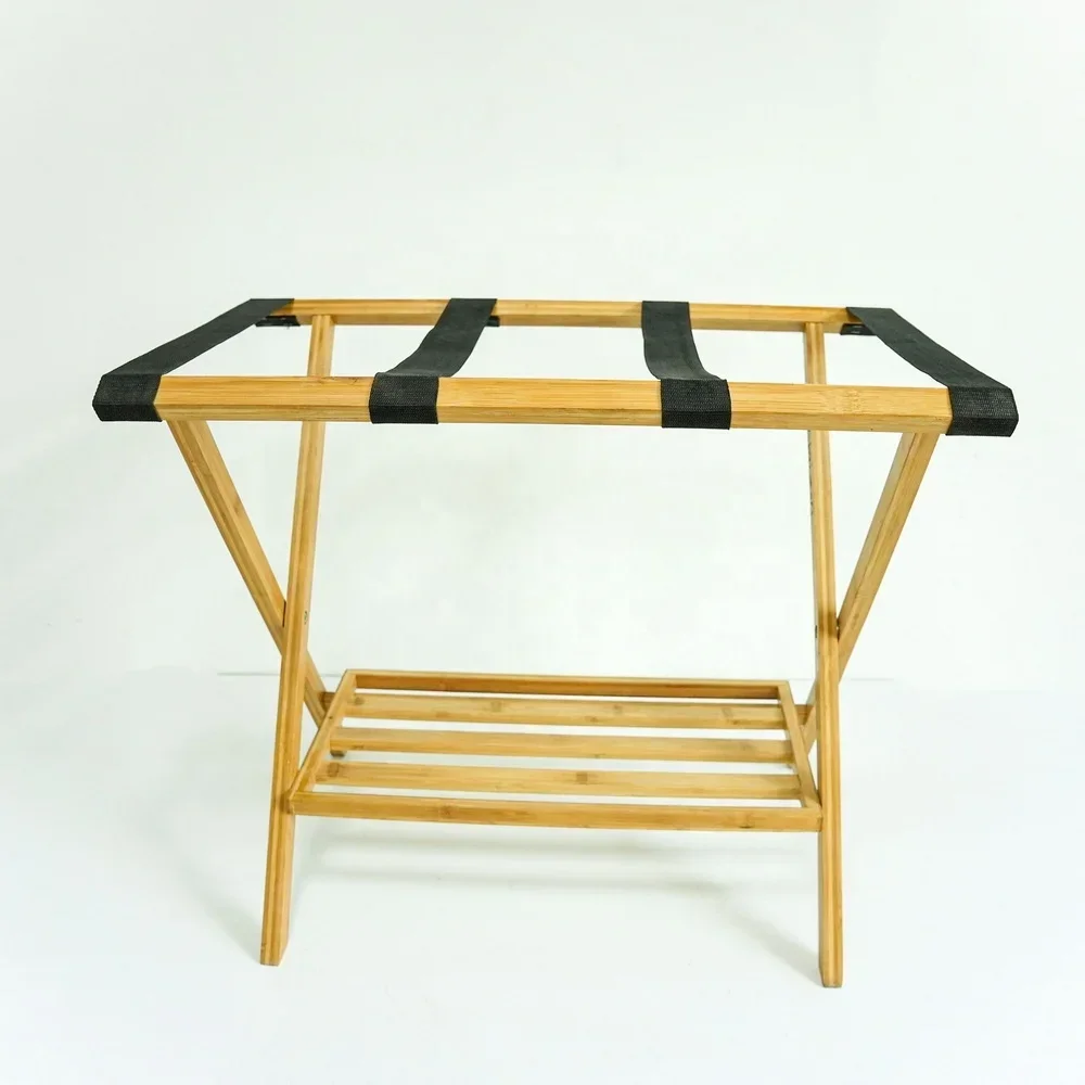 2026 Folding bamboo wooden luggage rack luggage holder with 4 nylon straps for hotel and home
