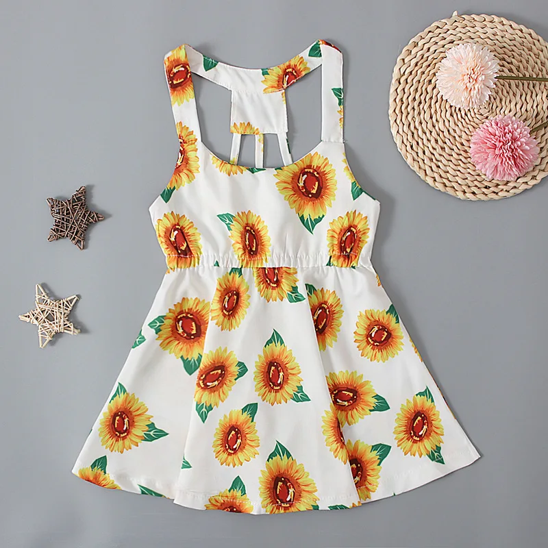 

Summer Kid Girl Dress Backless Birthday Party Costume Sunflower Print Strap Sundress Princess Dress Children Clothing Baby A471