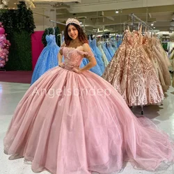 Angelsbridep Pink Tulle Ball Gown Quinceanera Dresses Vestidos 15 Años Quinceañera Off Shoulder Beading Party Gown