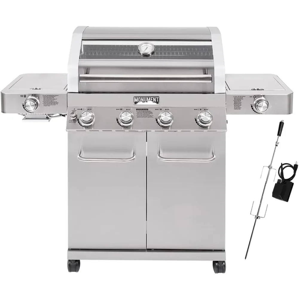 Larger 4-Burner Propane Gas Grills with Infrared Side Sear & Side Burners with Stainless Steel Rotisserie Kit, Outdoor BBQ