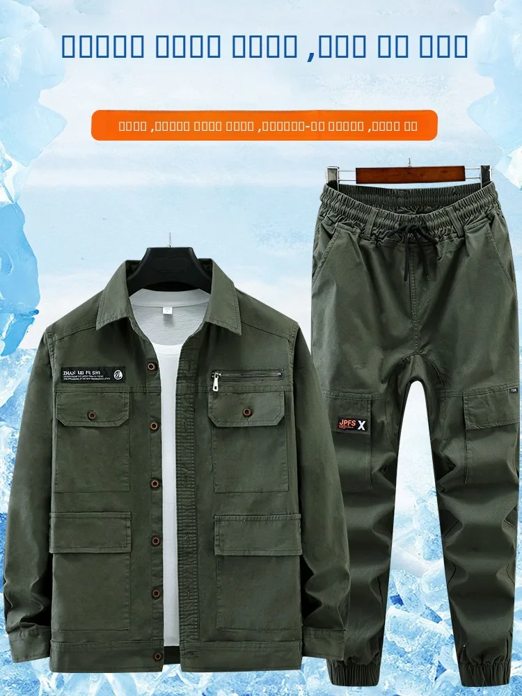 pure-cotton-spring-summer-work-uniform-set-men's-elastic-camouflage-outdoor-wear-resistant-labor-protection-workwear