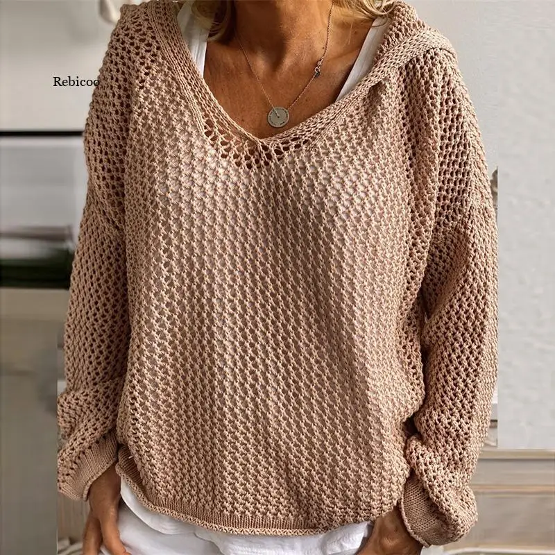 

Women Oversize Sweater Autumn Winter Hoodies Pullover 2021 Long Sleeve Sweaters For Women Solid Knitted Pullover Hollow Out Tops