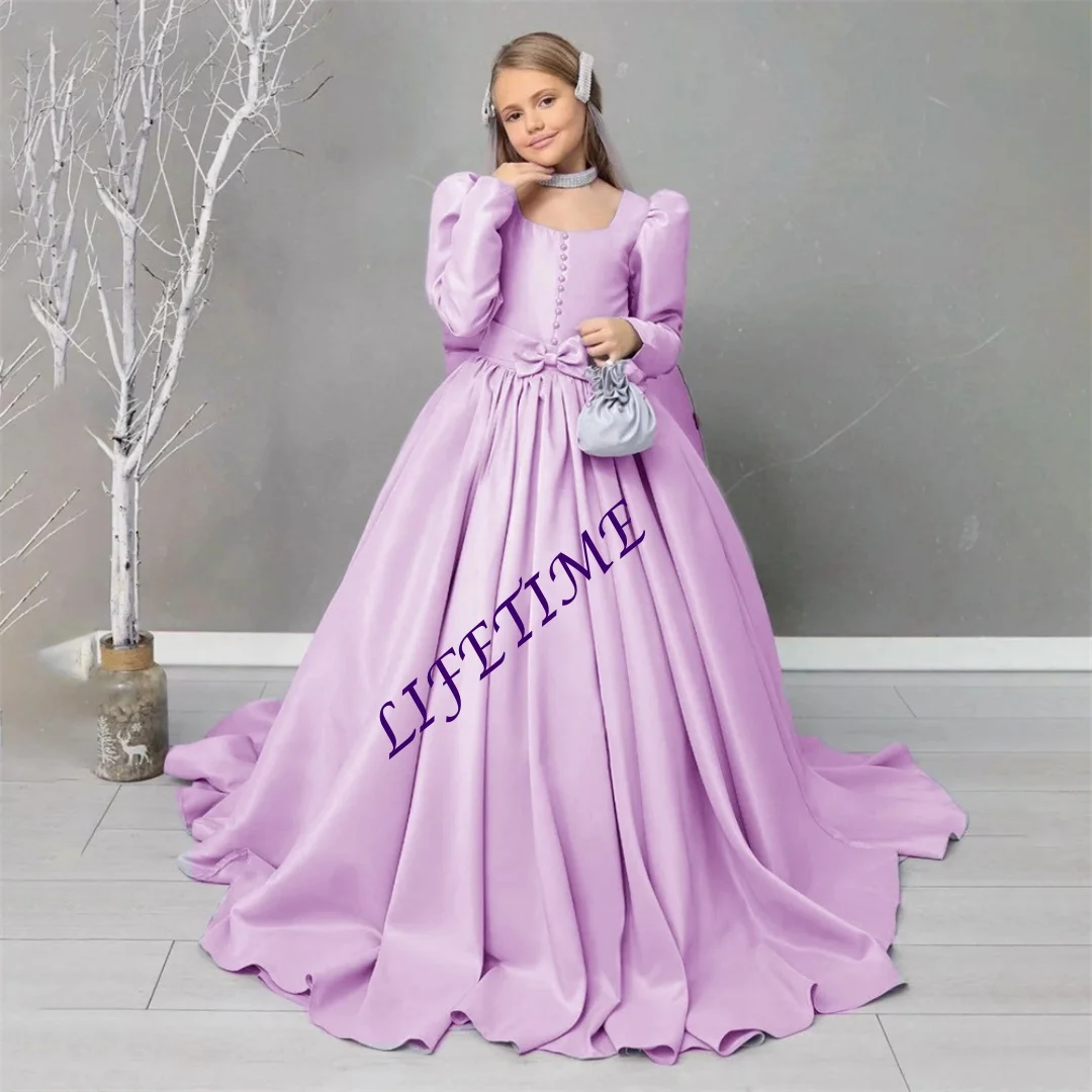 Abito da cerimonia nuziale classico personalizzato con scollo quadrato e maniche lunghe a sbuffo, linea A, per ragazza, lunghezza del pavimento, strascico, prima comunione