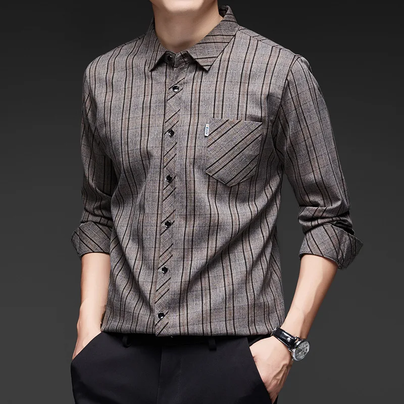 Men's Markless Long-sleeved Shirt Spring and Autumn New Business Casual Striped Top Middle-aged Shirt