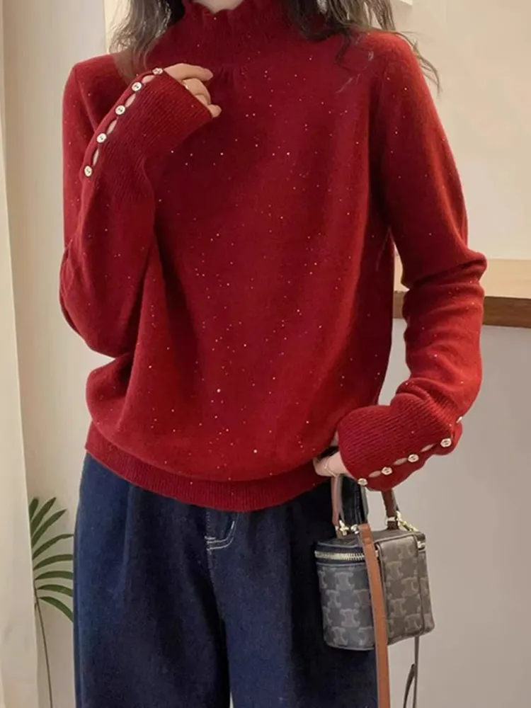 

Comfortable Camere Knitted Sweater Long Sve Casual Ele Top Youthful Base irt Trendy Overhead Commute Sle Pure Color