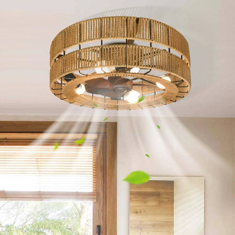 

Ceiling Fan Light Fixture with Remote Control Wooden Hemp Rope Weaving Bird Cage Design LED Lighting for Living Room Bedroom