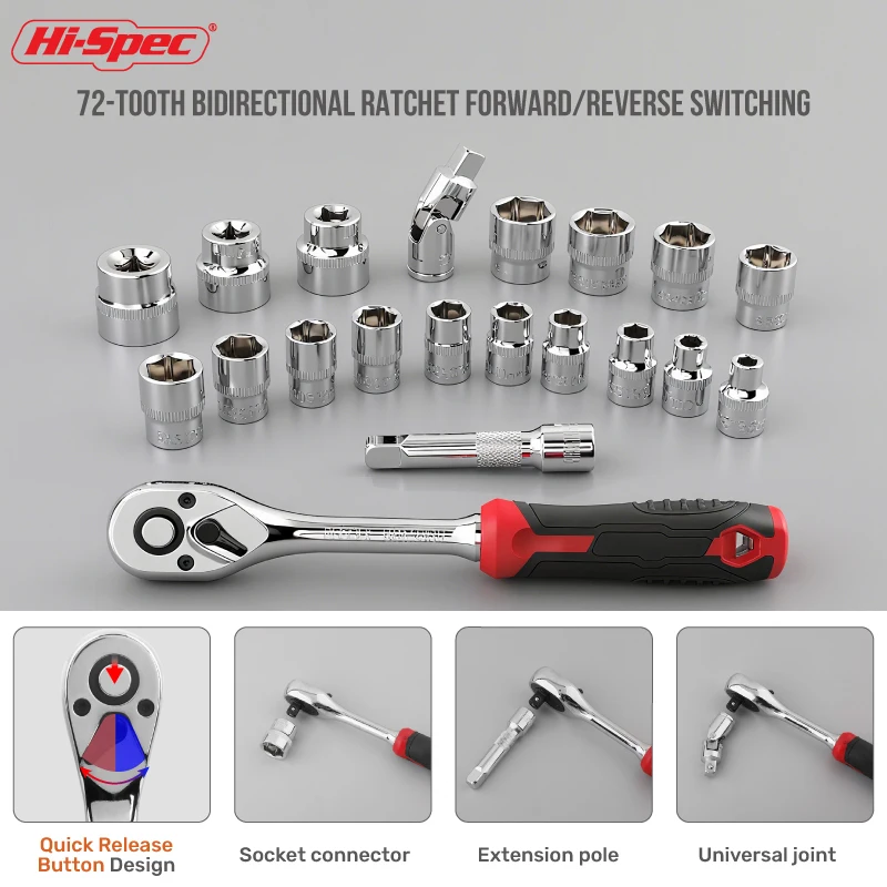 ​​Hi-Spec 64PC 3/8" Drive Socket Bit Set 72-T Ratchet Wrench Set CRV Socket Set Universal Joint mechanical workshop tool
