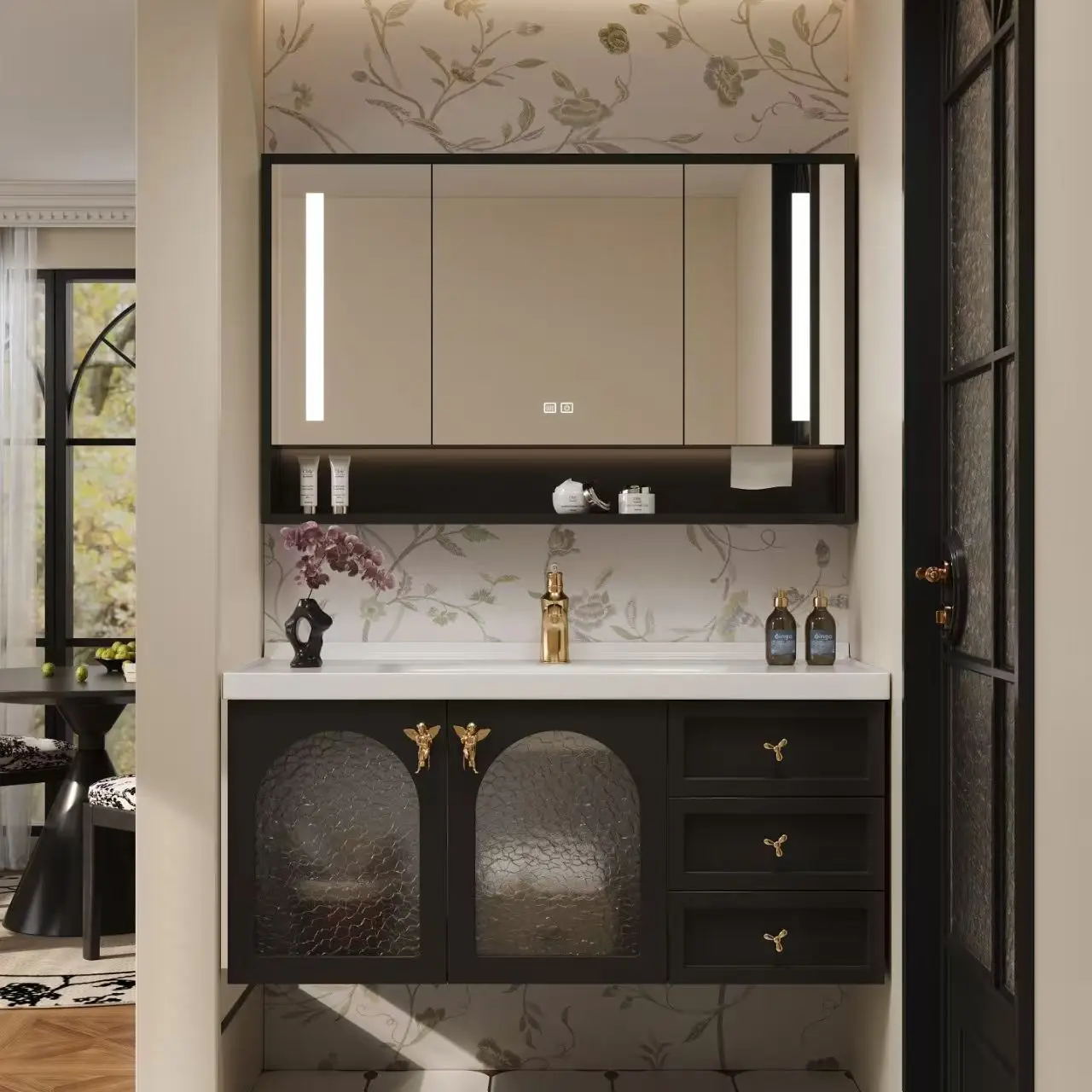 European pastoral style oak paint bathroom cabinet ceramic integrated basin wash basin wash basin