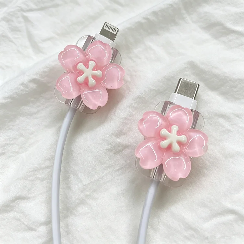 2PCS Sakura Flower Cable Protector For iPhone 16 15 14 13 12 Pro Max, 20W Fast Charging Data Cable Anti-break Protective Cover