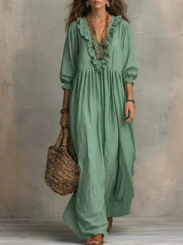 2026 New Spring Summer Long Dress Elegant Striped Ruffled Loose High-Waisted V-Neck Fashion Casual Dress Large Size Beach Robe