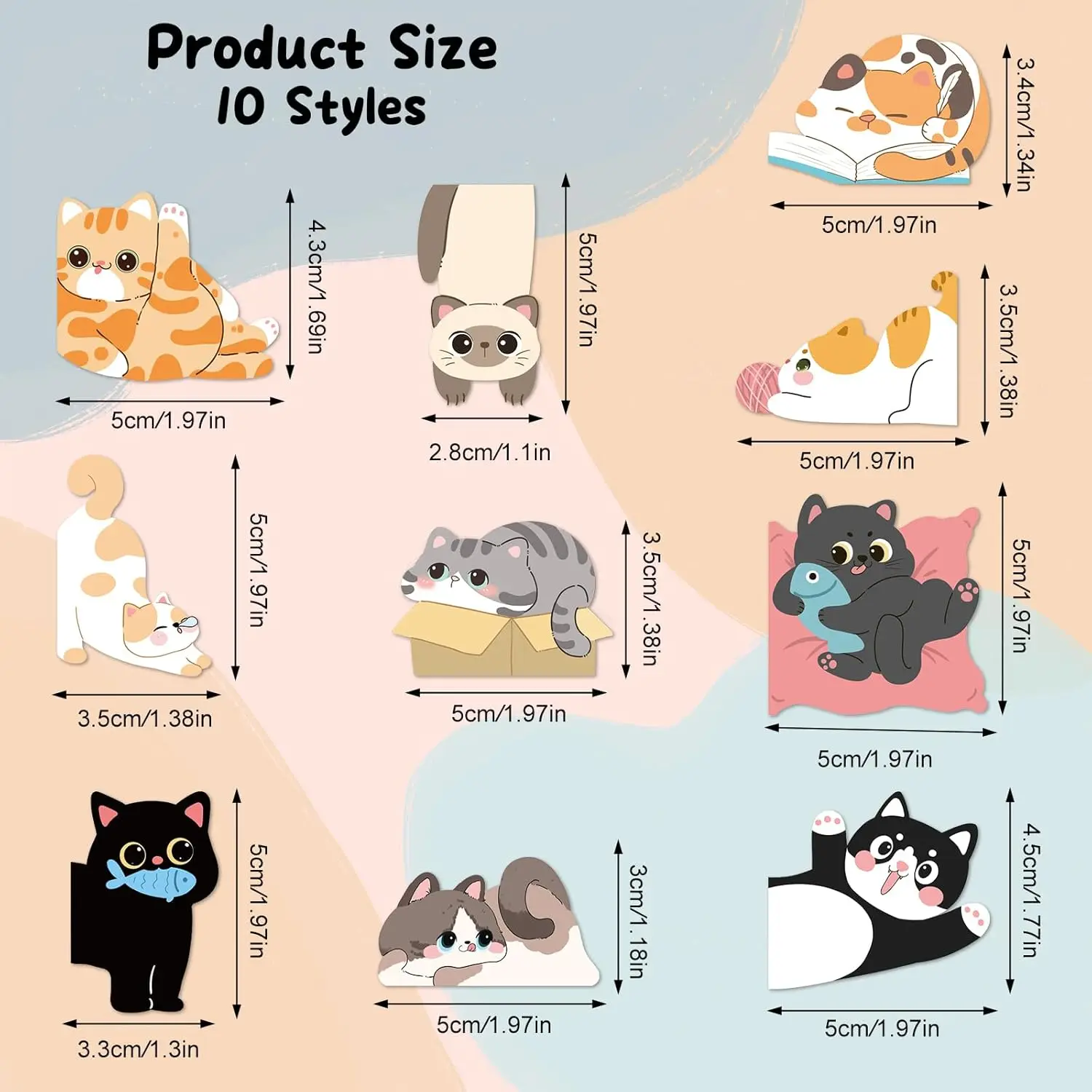10 Pcs Cat-Themed Stationery Set Including Random 5 Sticky Notes And 5 Kawaii Bookmarks For Reading School Office Study Gifts