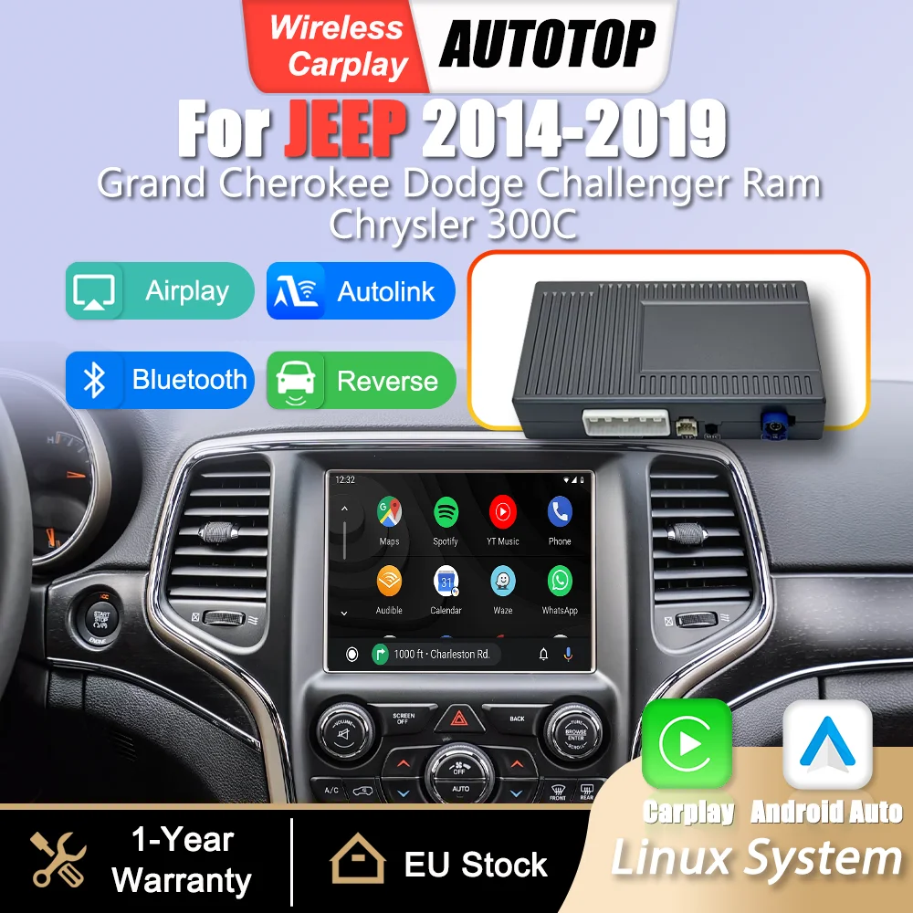 Boîtier adaptateur d'interface sans fil CarPlay Android Auto pour JEEP 2014-2019 Grand Cherokee Dodge Challenger Ram Chrysler 300C Mirror Link Airplay BT Module de navigation GPS