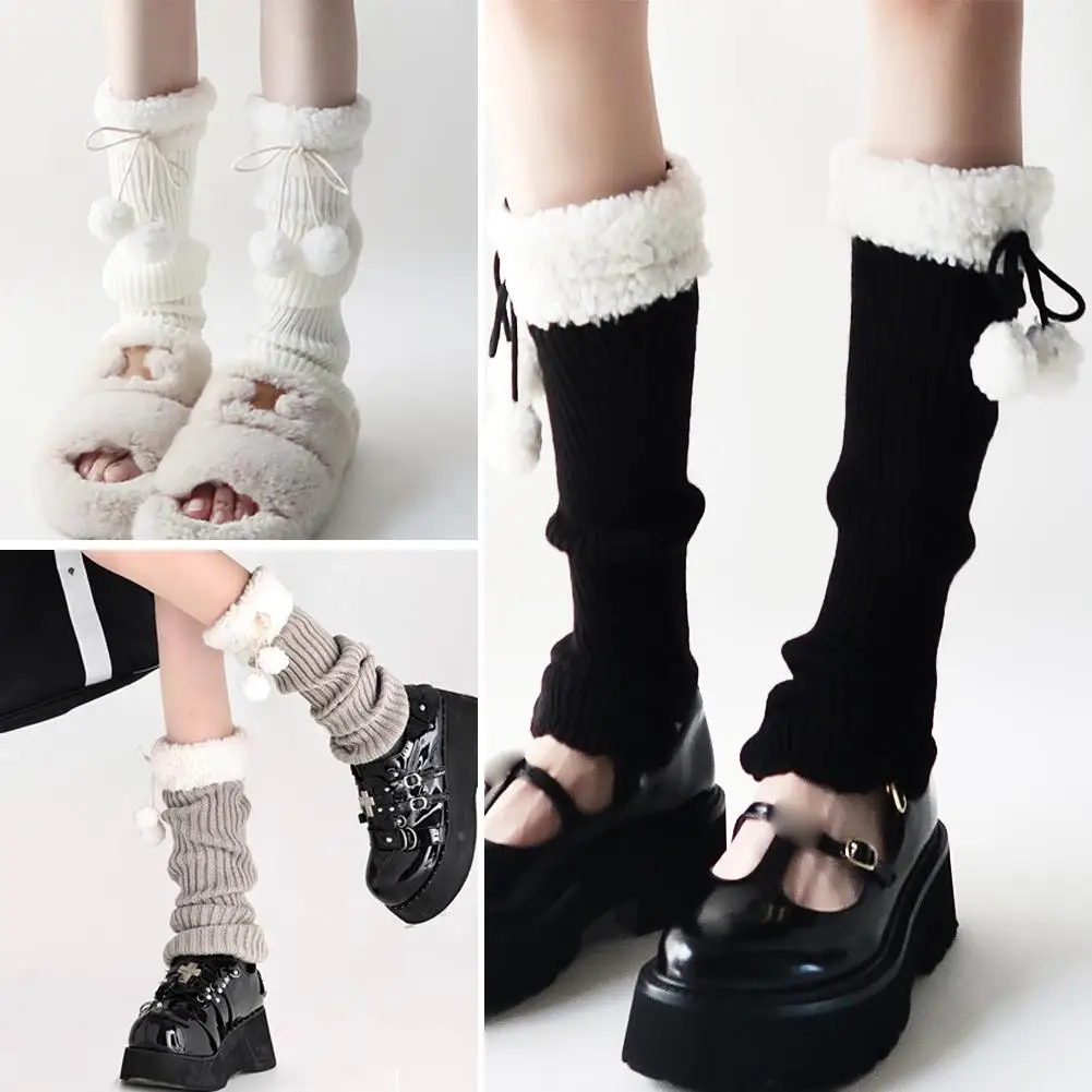 جوارب لوليتا لتدفئة الساق على الطراز الياباني من صوف الضأن مع جوارب بوم بومس JK عصرية قابلة للتكديس للنساء والفتيات