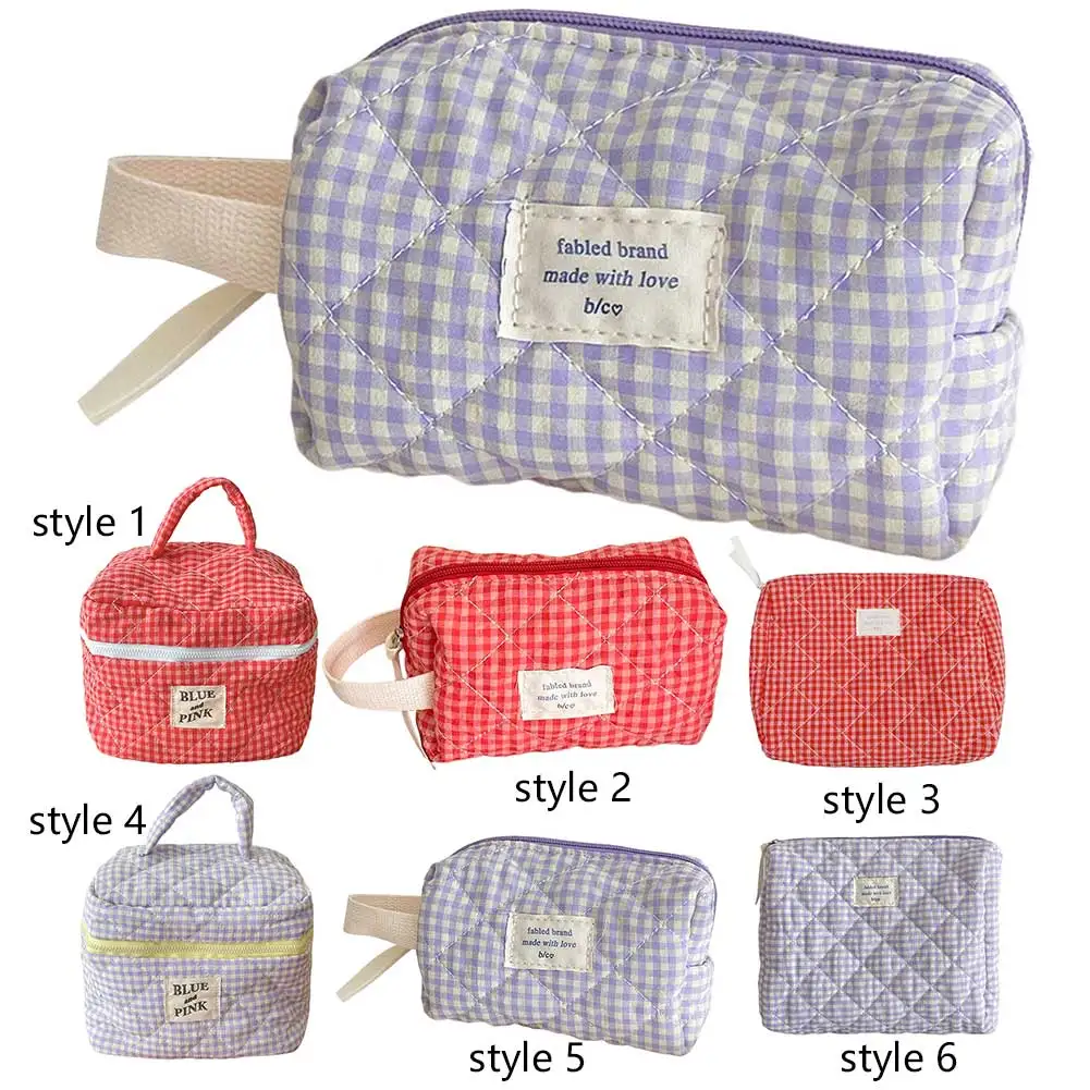 Women Checkered Makeup Bag Fashion Sweet Cotton Makeup Brushes Storage Bag Cute Clutch Handbag Travel Toiletry Bag Practical Bag