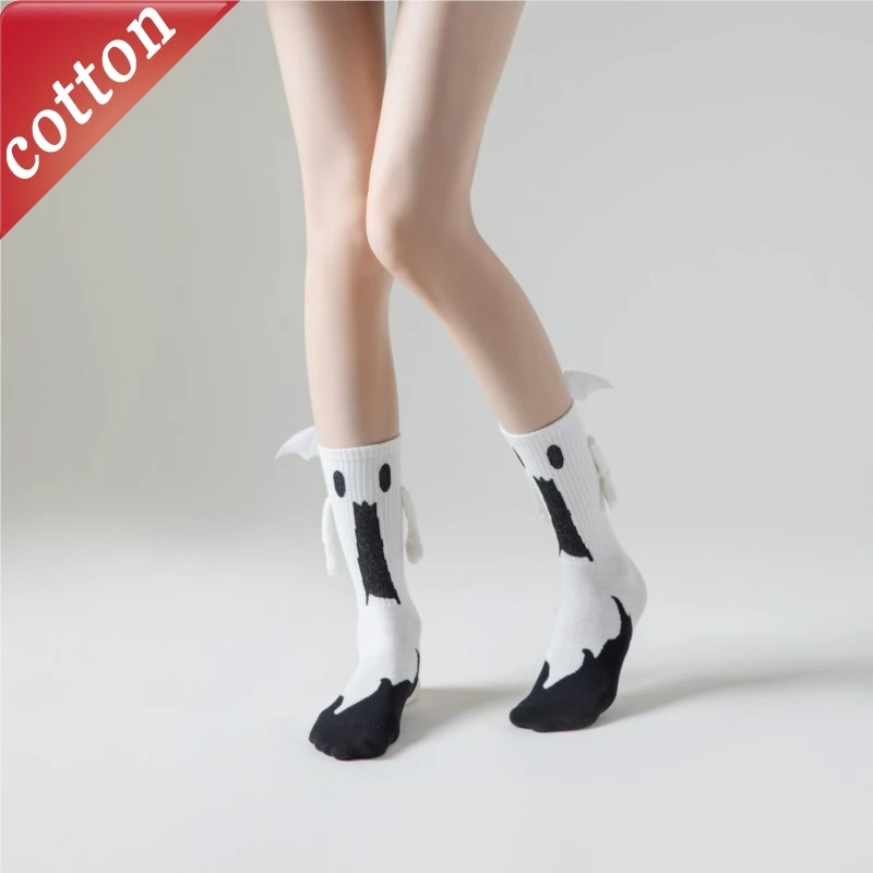 

2 Pairs Women's Socks Set Halloween Wear Dress Ghost Funny Hold Hands Mid Tube Socks Cute Kawaii Cotton Thicked Socks For Girl