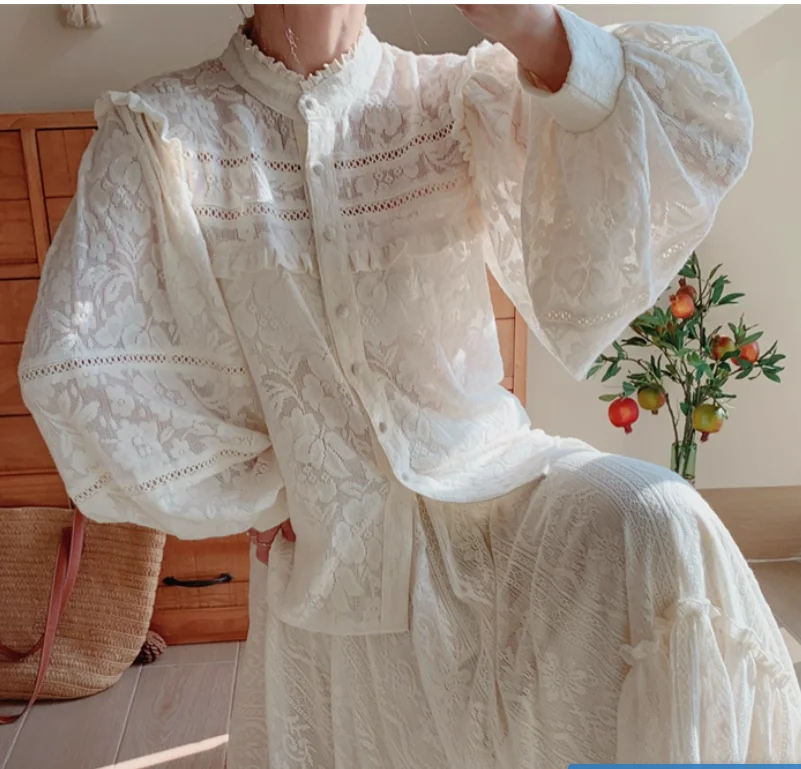 2025 خريف جديد أنيق فرنسي خمر المحكمة فانوس كم الدانتيل قميص مزاجه الوقوف الرقبة الكشكشة طويلة الأكمام لوليتا #6