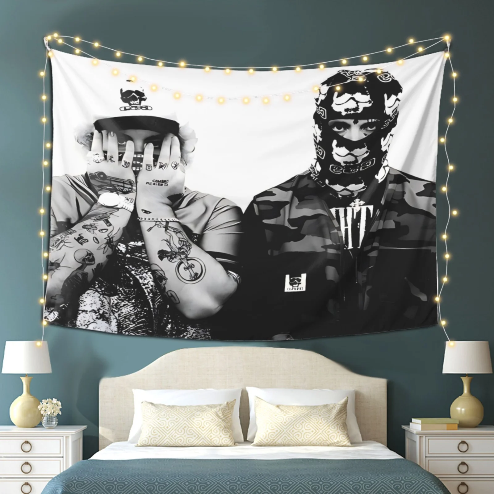 VIKAMA Black White Hip Hop Tattoo Character Tapestry, Street Bandit Mask Wall Hanging for Bedroom Living Room Decor