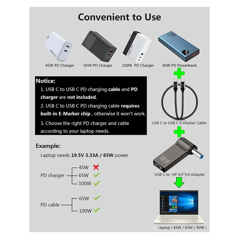 

Превосходный адаптер для зарядки ноутбука USB C на 4,5 мм, гнездовой тип C на штекер постоянного тока 4,5X3 мм, штекерный преобразователь 100 Вт, PD Power Charge