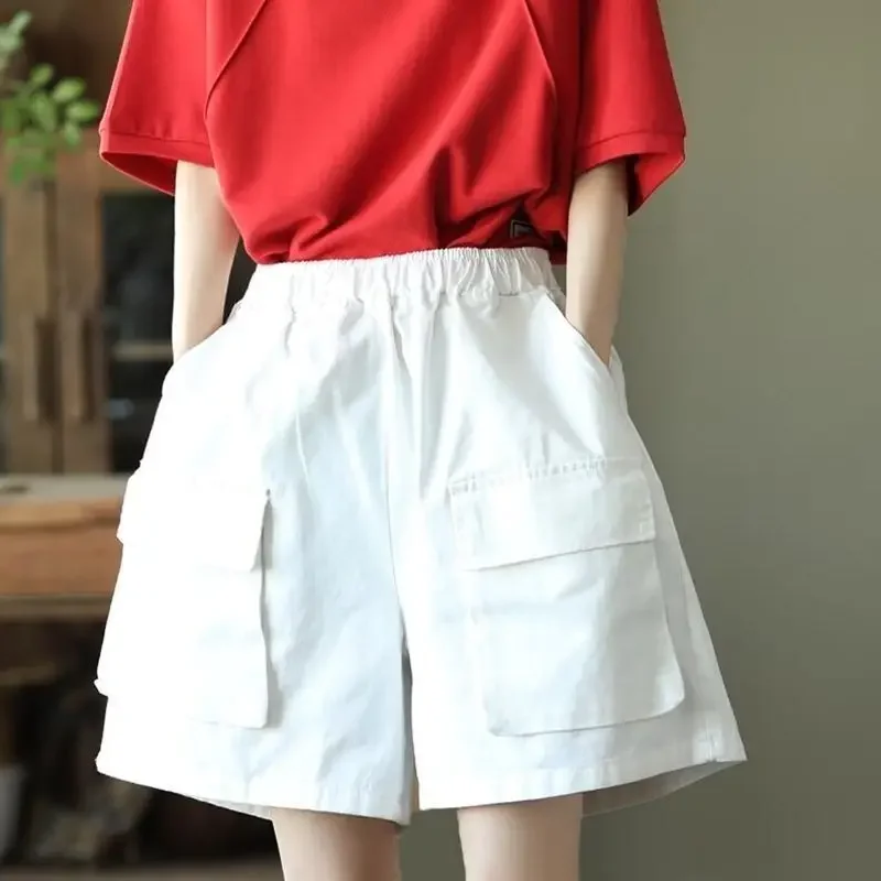 Women Simple Casual Pockets Cotton Wide Leg Short Pants Trendy Streetwear High Waist Loose Shorts Pantalones Cortos Ropa L67