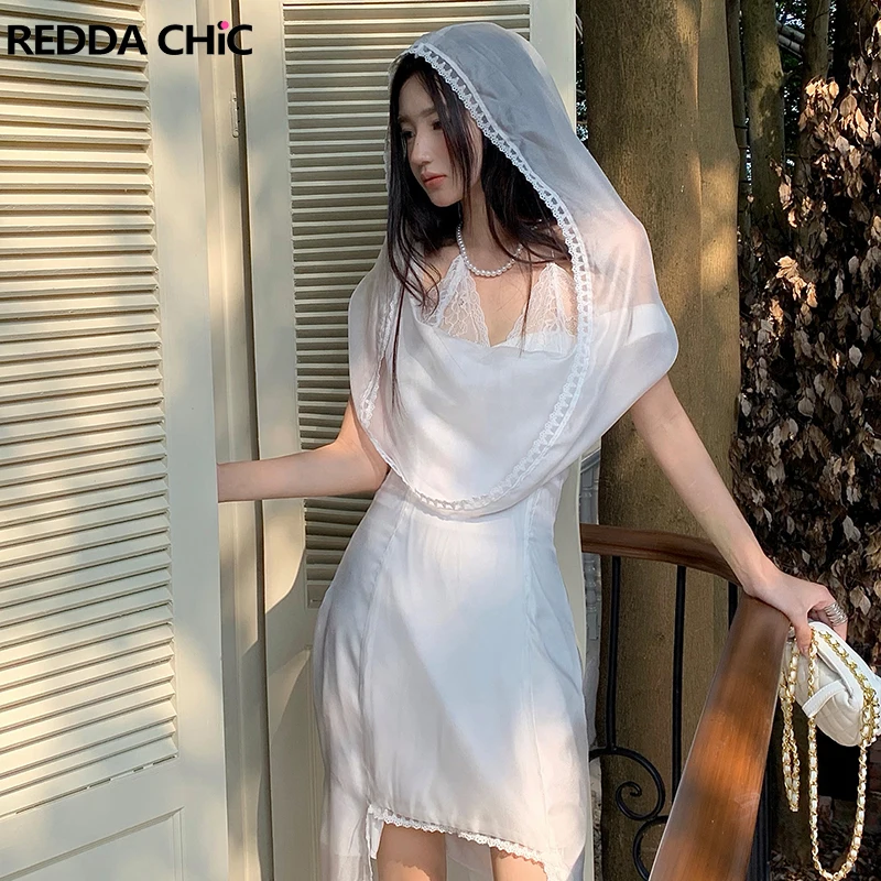 ReddaChic Sheer Mesh Patchwork Women High-low Dress Fake 2-piece White Lace Trim V-neck Hooded Dress Retro Evening Party Clothes