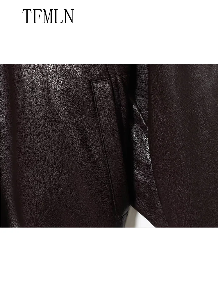 TFMLN 2025 nouvelle veste en simili cuir pour femmes Simple rétro fermeture éclair revers surdimensionné manteaux haute rue à manches longues recadrée vêtements d'extérieur