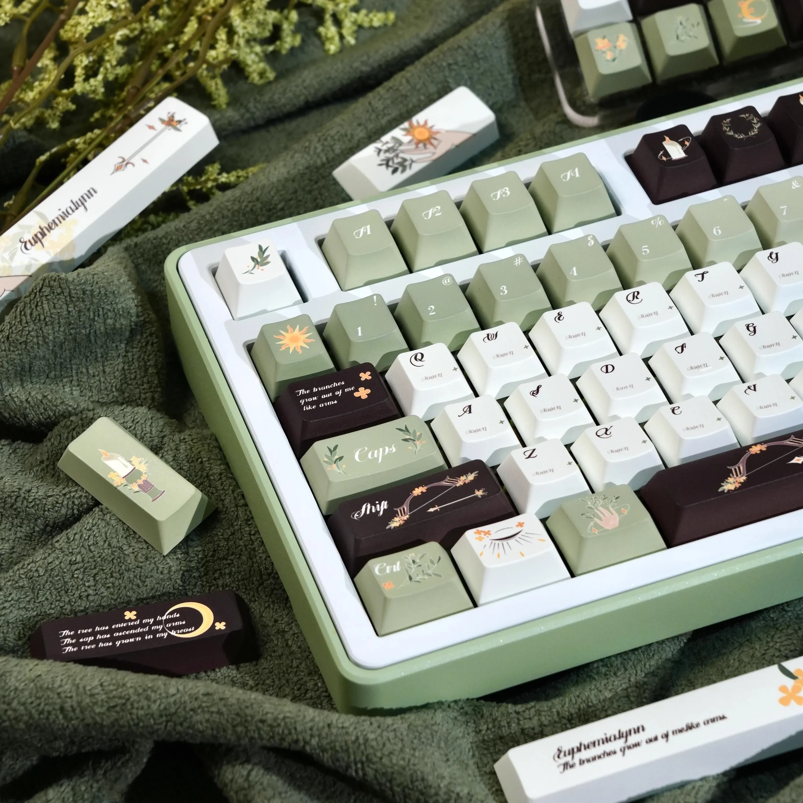 Laurel Goddess Keycap Cherry Profile Full Five-sided Heat Sublimation PBT Mechanical Keyboard Keycaps Elegant White Green KeyCap