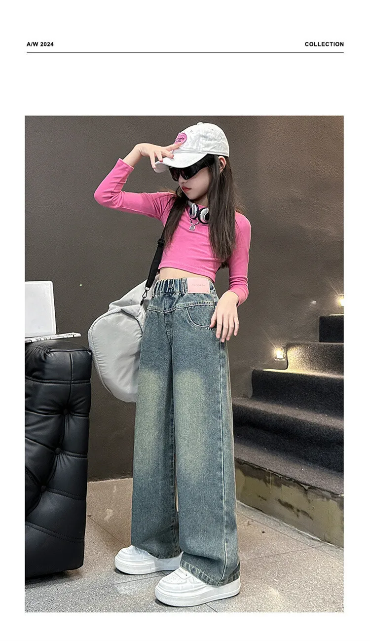 5-14 Jahre Frühling Herbst Mädchen-Jeans, modische Retro- und Vintage-Hose mit fünfzackigem Sternmuster und Stickerei, weit geschnittene Hose für Teenager-Mädchen – Detail 14