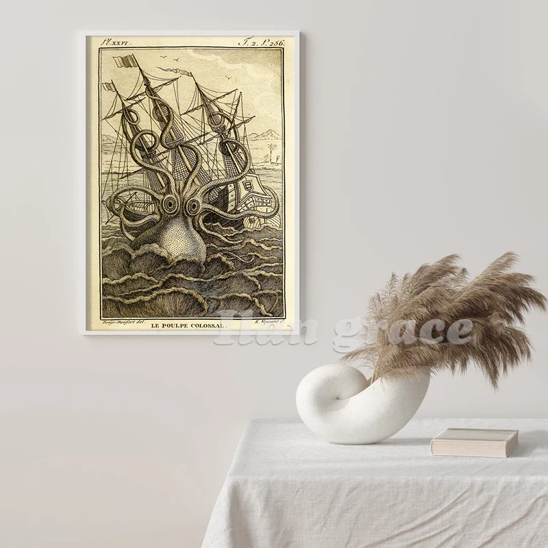 ديكور حائط أخطبوط كلاسيكي ، ملصق حمام مطبخ قديم ، فن منزل شاطئ البحيرة ، لوحة قماشية لديكور الغرفة القوطية ، 1 *