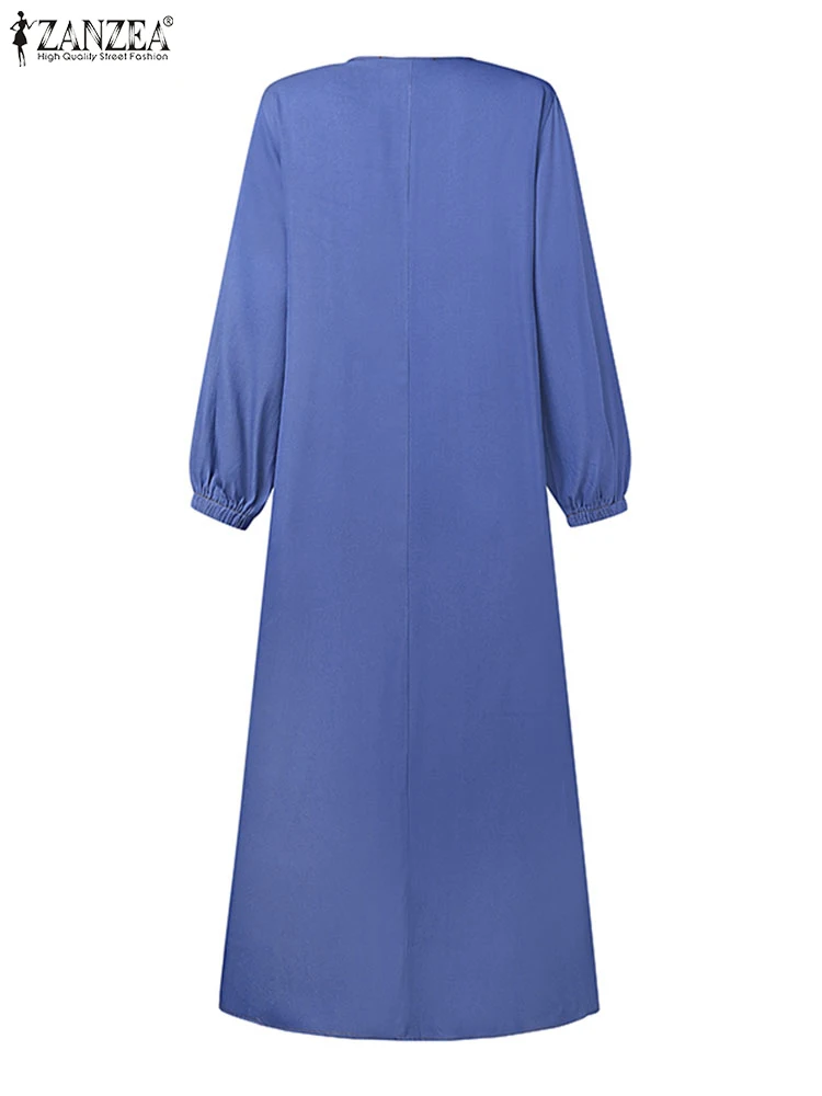 2024 ZANZEA Women Muslim Dresses  Vintage Abaya Hijab Dress Jilbab Islamic Clothing Fashion Long Sleeve Denim Blue Maxi Sundress