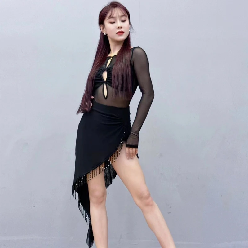 

Sexy Chacha Latin Dance Performance Clothes Women'S Competition Latin Dance Costume Black Mesh Top Irregular Skirt SL12565