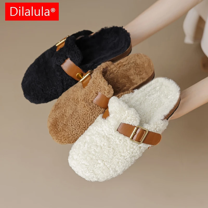 Dilalula 2026 موضة النساء نعال من الصوف كعوب منخفضة سميكة مغطاة تو حزام مشبك ديسمبر سيدة الخريف الشتاء الدافئة البغال عادية #1