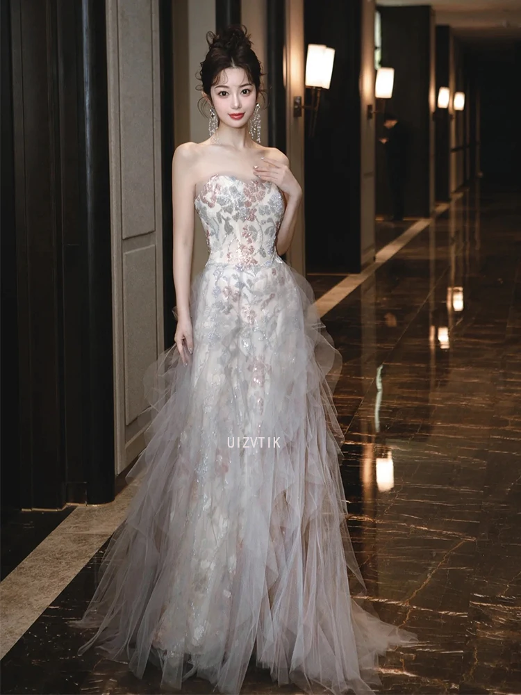 

Vintage A-Line Sheath Prom Dresses Sexy Strapless Ruffles Fancy Women Long Evening Dresses for Wedding Party Vestidos De Fiesta