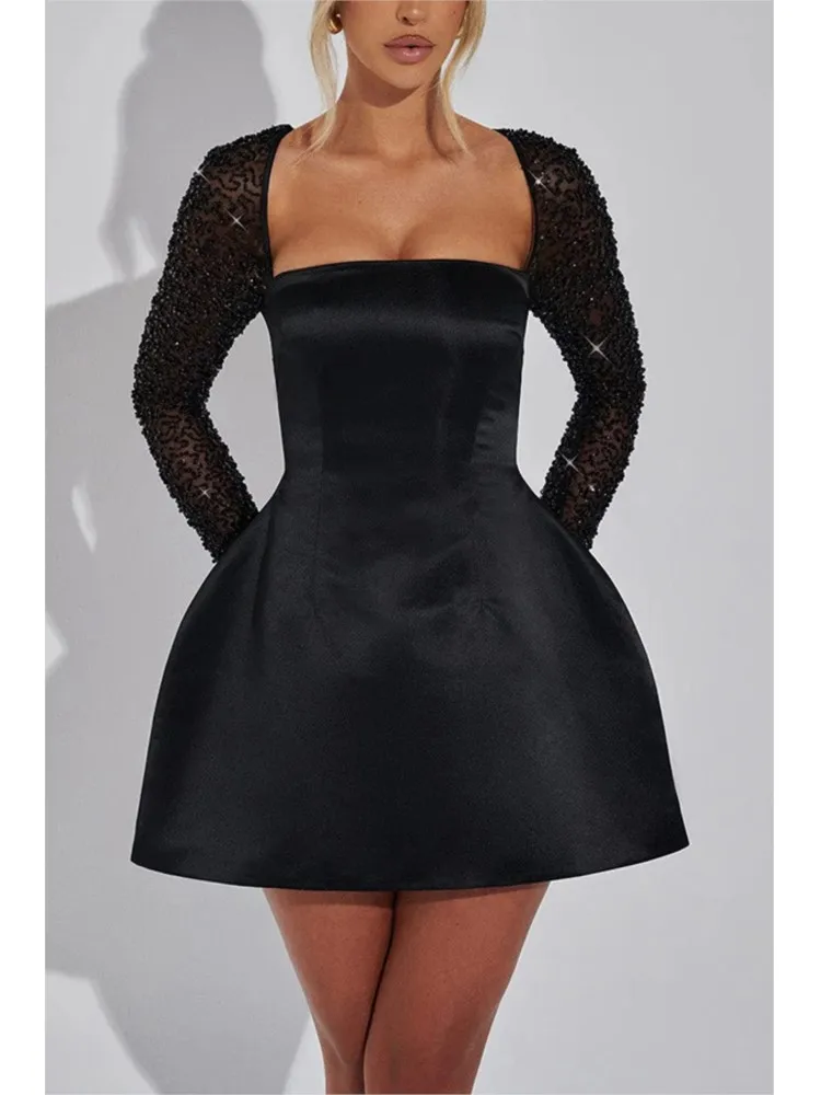 

Sexy Square Collar Long Sleeve Waist Dress For Women Fashion Solid Color Sequin Design Back Waist Strap Elegant Skirt Female