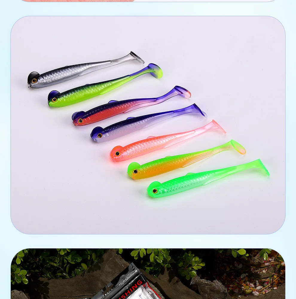 Angelköder, bunter Fisch, 3D-Auge, T-Schwanz, weicher Köder, 6 cm, 1,3 g, künstliche Wurmköder, Texas Drop-Shot Bite Lead Rig, Lot 10 Stück – Detail 15