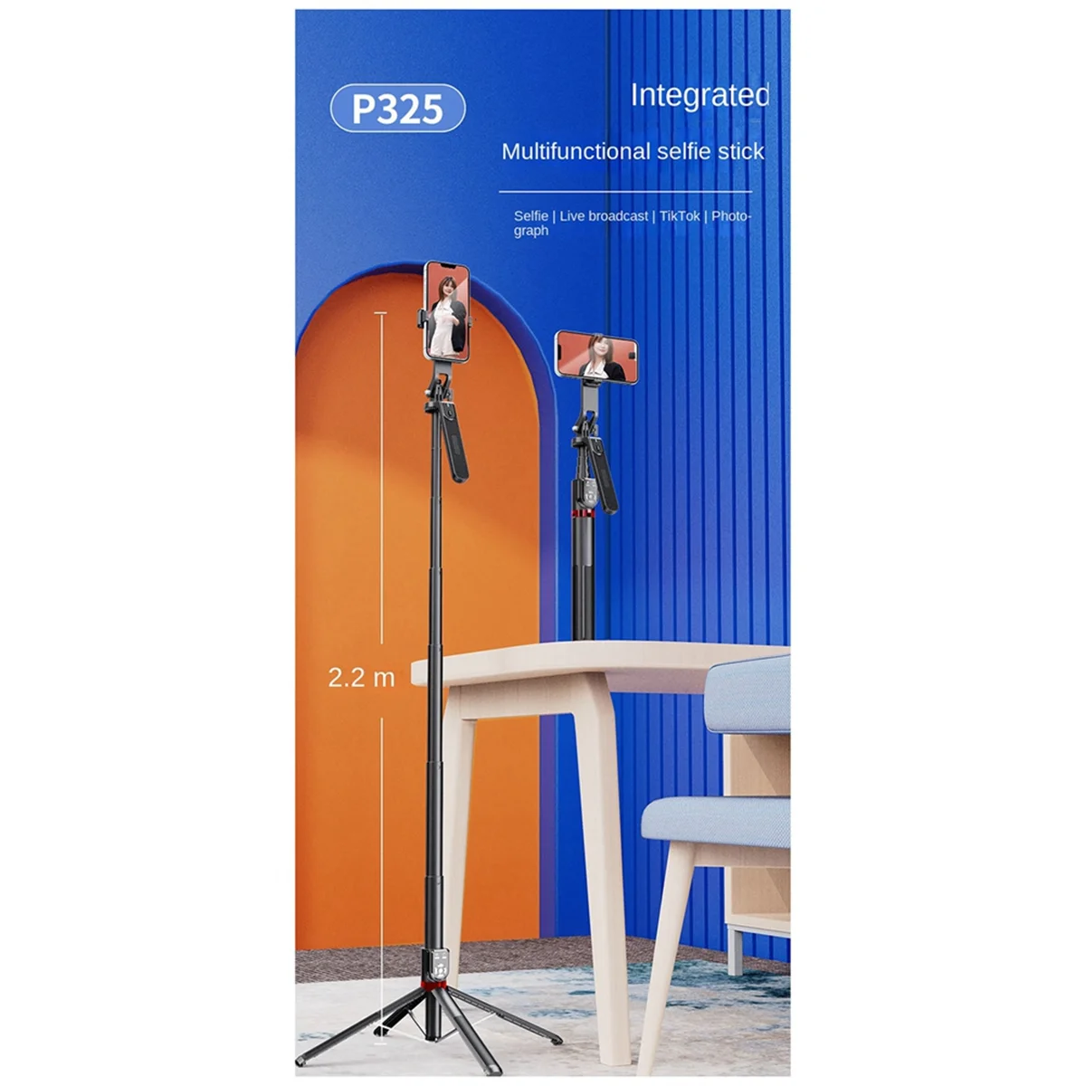 A57G-P325 Tongkat Selfie Dudukan Berkaki Empat dengan Remote Control Bluetooth Ganda Dapat Dilepas, Ponsel Tongkat Selfie yang Dapat Diperpanjang