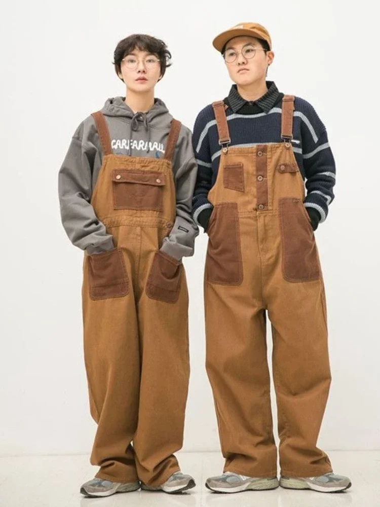Reversible Overalls Cargo Jumpsuit with Dual Pockets Men Women Japanese Retro Orange-Brown Colorblock Loose Unisex Couple Pants