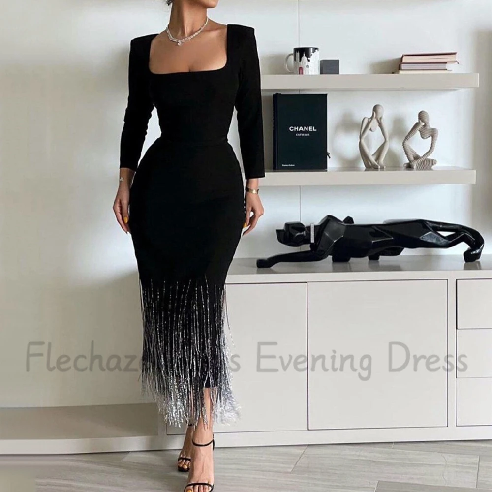 Flechazo Gorgeous Square Collar Evening Dress Long Sleeves Sheath Tea-Length with Tassel Women Banquet Custom Made Gowns