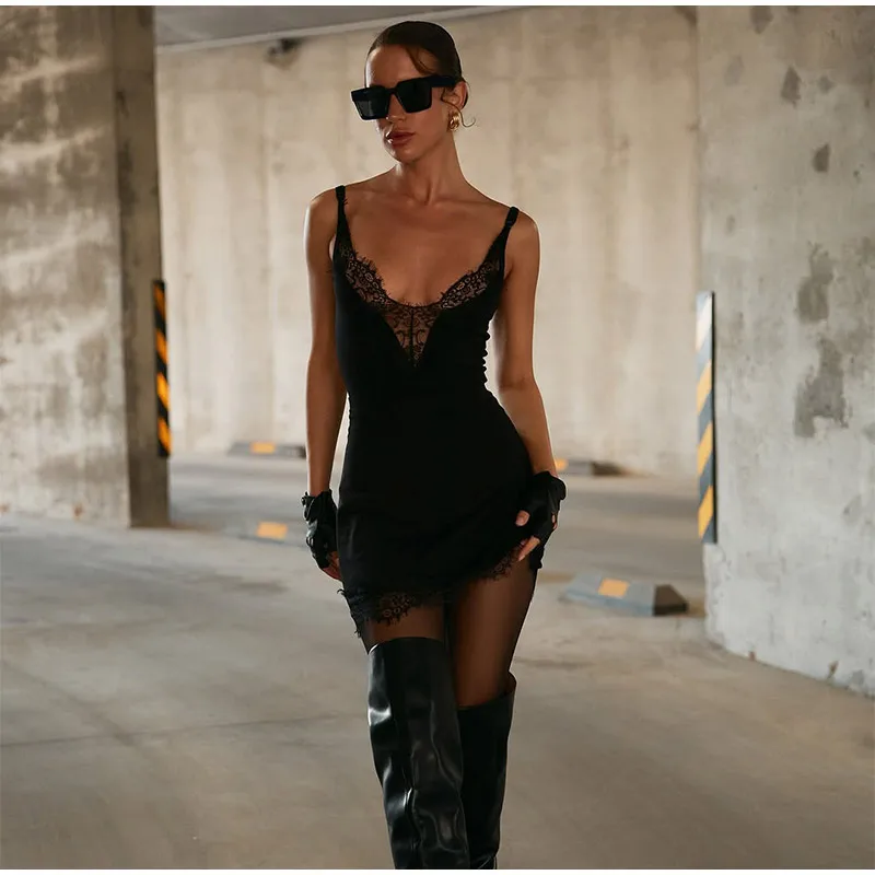 ​ ​ Abito da donna sexy in pizzo nero elegante abito da festa aderente con cinturino per spaghetti