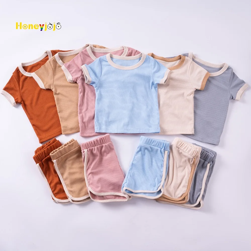 2pcs Summer Short Sleeve Suit Boys Girls Fashion Color Collision Round Neck T-shirt + Casual Short Pants Suit 0-6Y