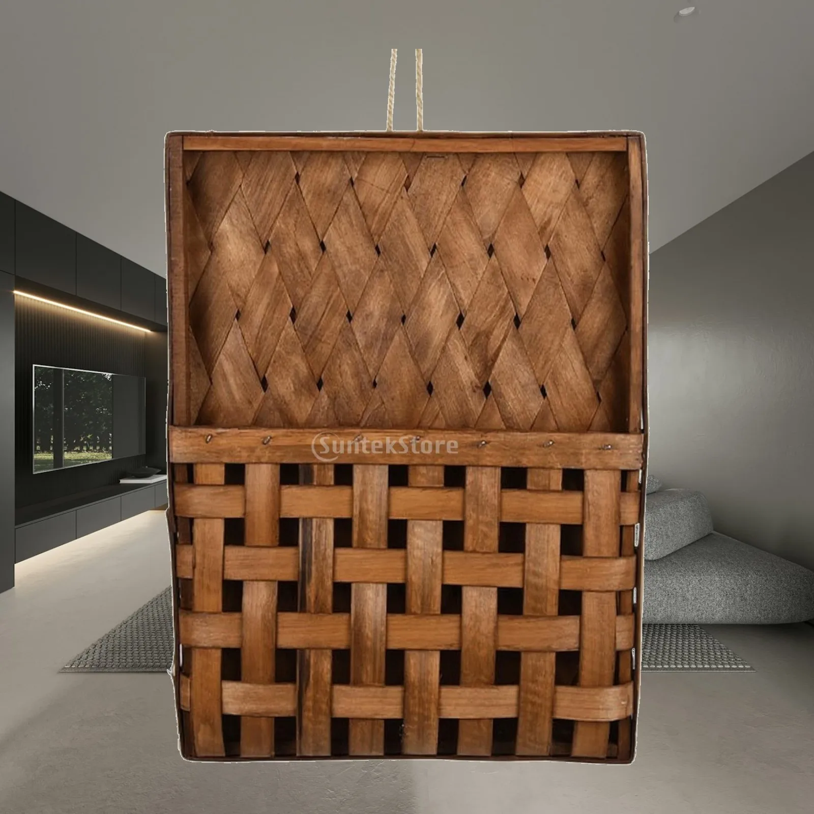 Rectangular Wooden Wall Planter Basket with Woven Lower Section for Seasonal Decoration Display