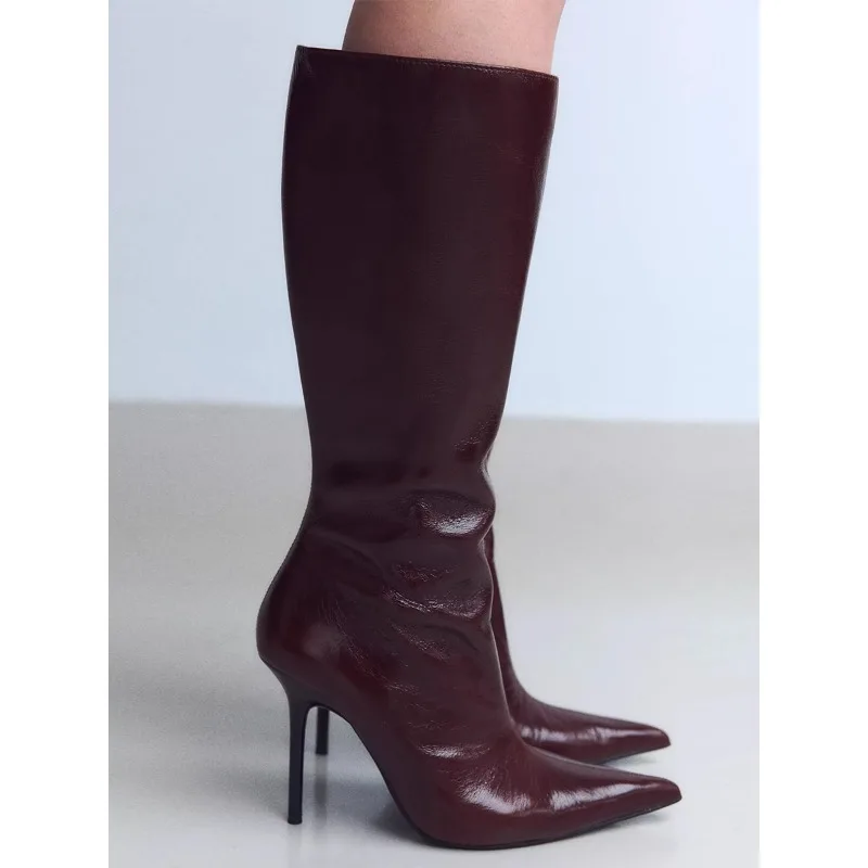 2024 Autumn Fashion Winter Boots Women Retro Slim Knight Pointed Toe Knee High Boots Stiletto High Heel Long Boot Female Brown