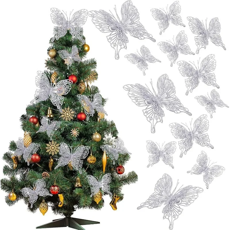 5/10 Stück glitzernde Schmetterlinge, Weihnachtsdekoration, Weihnachtsbaum, funkelnde Schmetterlinge, hängende Ornamente, Heimdekoration, Neujahr 2025, Geschenk – Detail 9