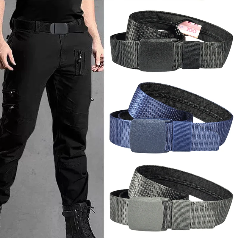 Men Belts with Zipper Money Slot Pocket,Outdoor Safety Hidding Money for Anti Theft,Nylon Belt with Concealed Wallet for Gifts