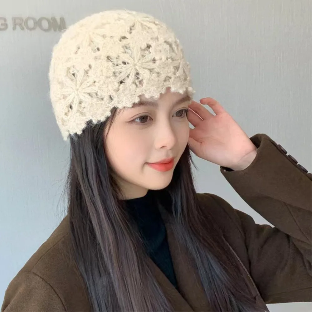 Sweet Handwoven Crochet Pullover Hat Lace Retro Basin Hat Hollow Out Breathable Knitted Beanie Cap Head