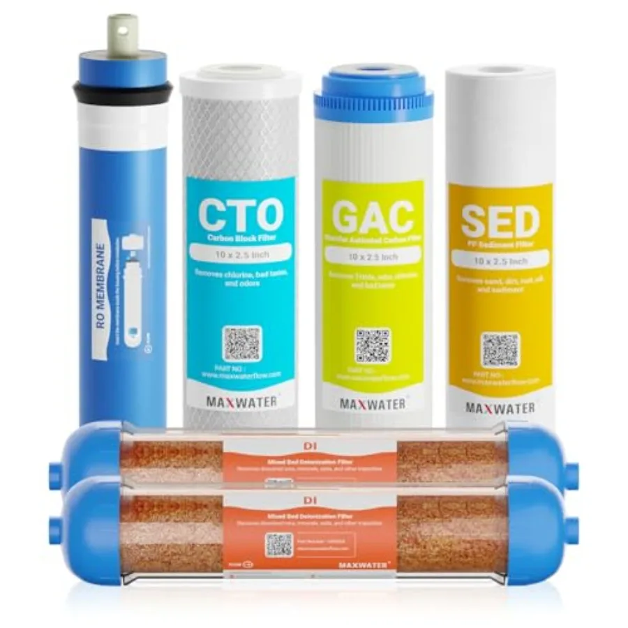 

6 Stage Reverse Osmosis RO DI Water Filter Replacement Kit for Aquarium w/ 1 Micron Polypropylene Sediment, GAC + CTO Carbon, 2