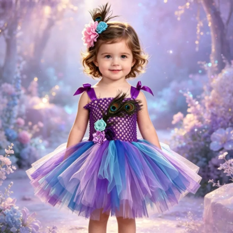

Peacock Themed Girls' Tulle Tutu Dress, Exquisite Feather Decorated Princess Dress with Headband, Party and Stage Outfit